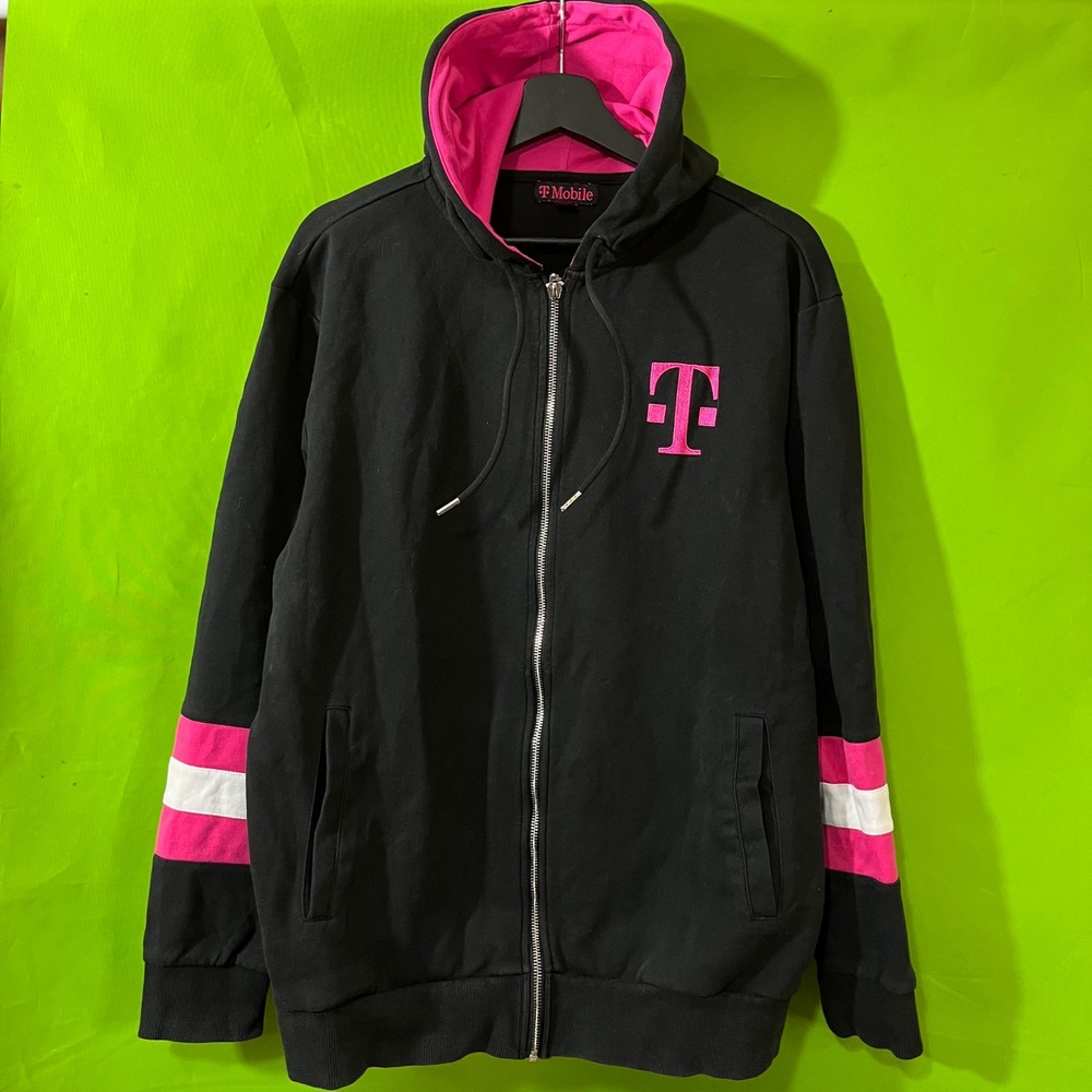 T-Mobile Full Zip Hoodie Mens Large Black Magenta Embroidered Logo Sweatshirt